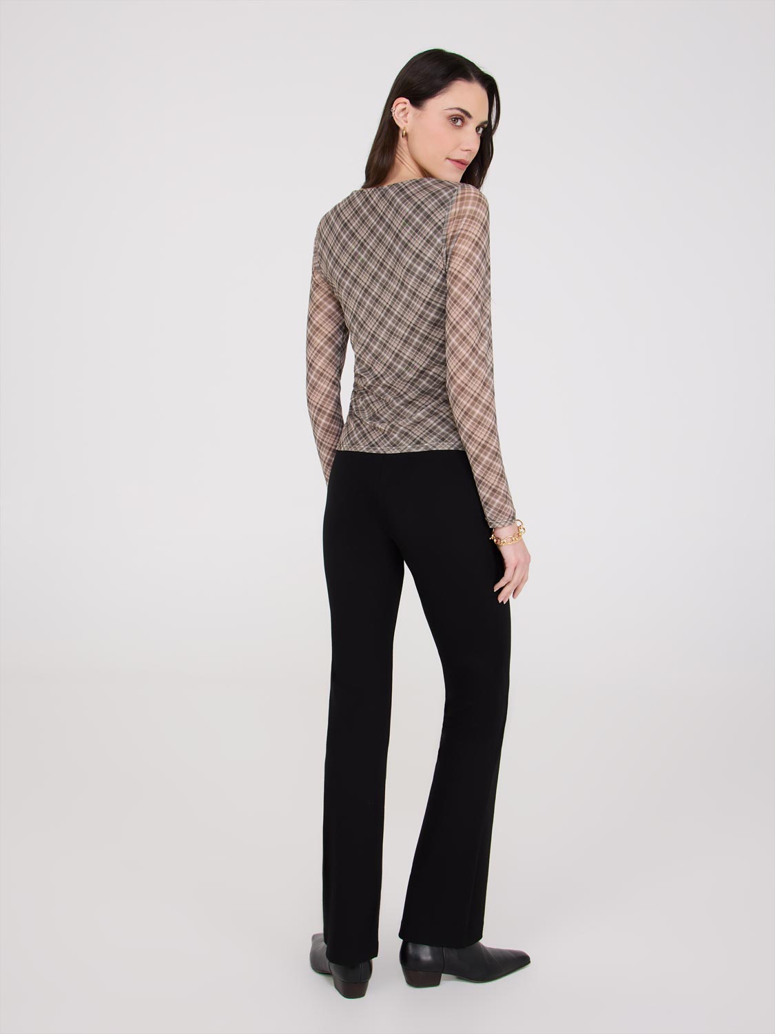 Plaid Scoop Neck Mesh Top