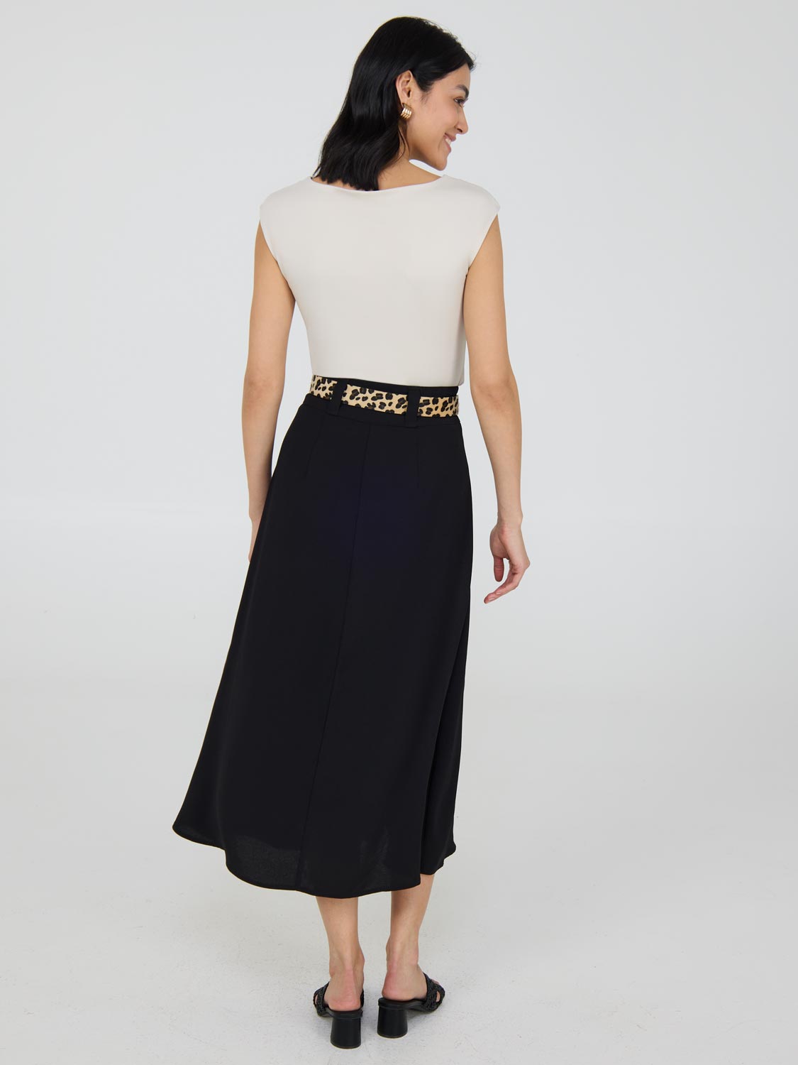 Belted A-Line Midi Skirt