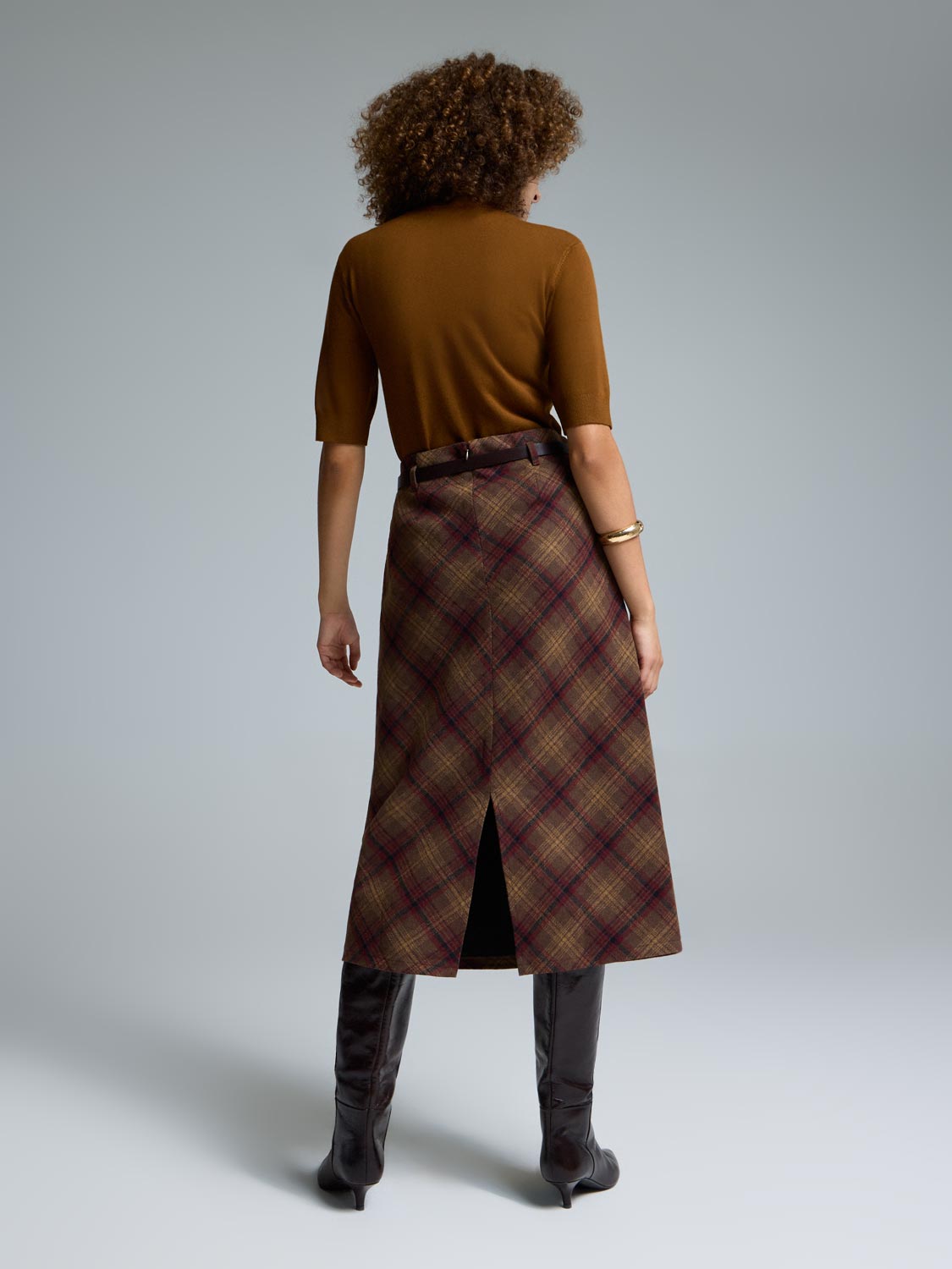 Belted Plaid Midi Skirt