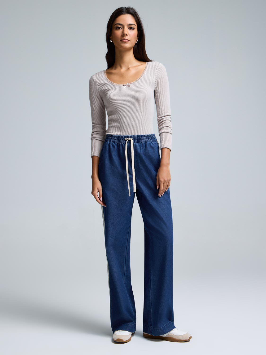 Drawstring Wide-Leg Denim Pants