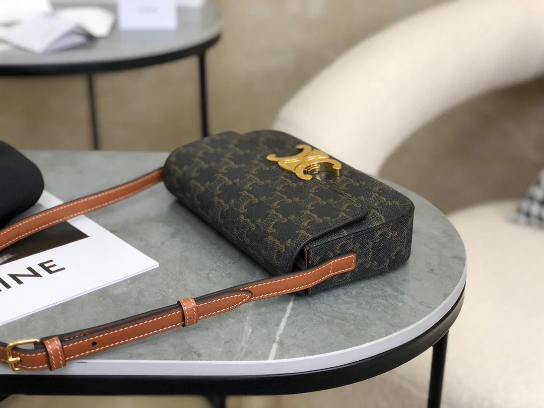 CELINE Triomphe Shoulder Bag In Triomphe Canvas And Calfskin Black 20 x 10 x 4 cm