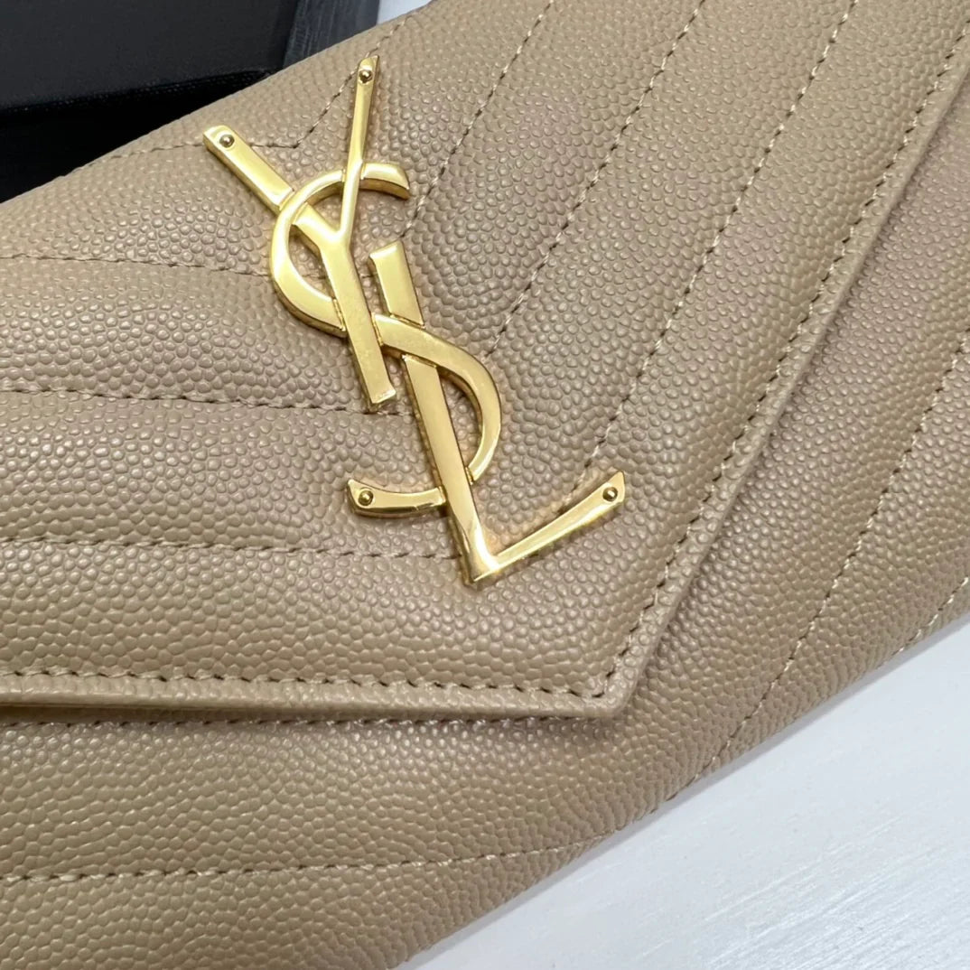 YSL Long Wallet Beige Leather Gold Tone 10772 19cm