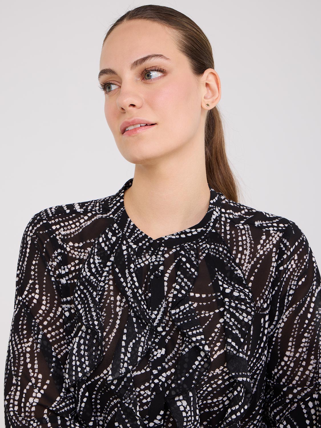 Printed Ruffle Button-Front Blouse