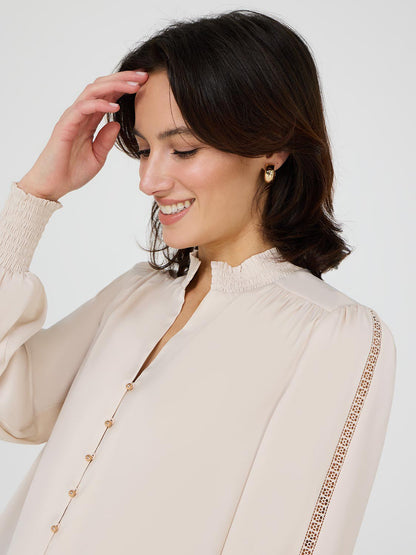 Satin Button-Front Blouse With Crochet Details