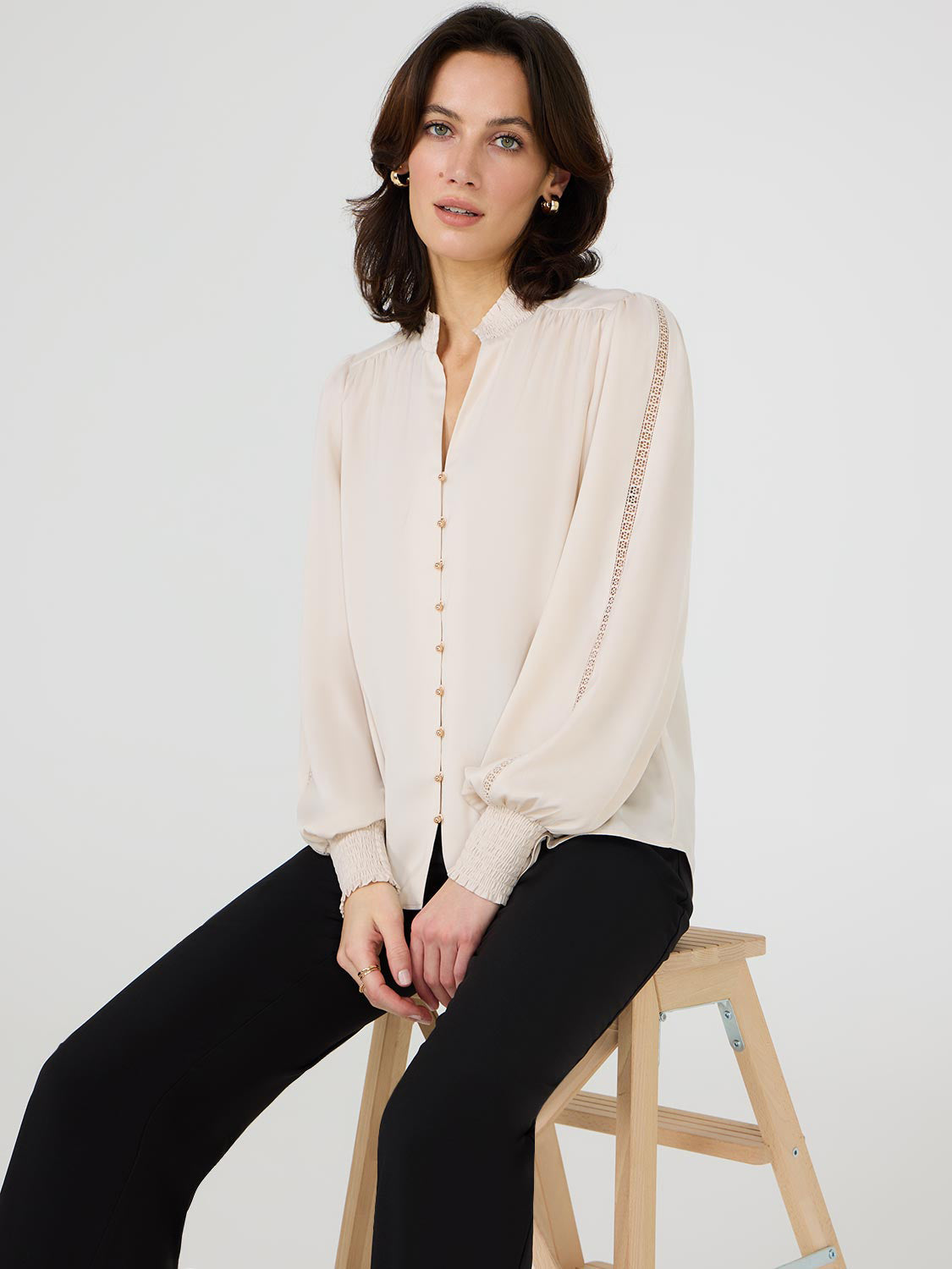 Satin Button-Front Blouse With Crochet Details
