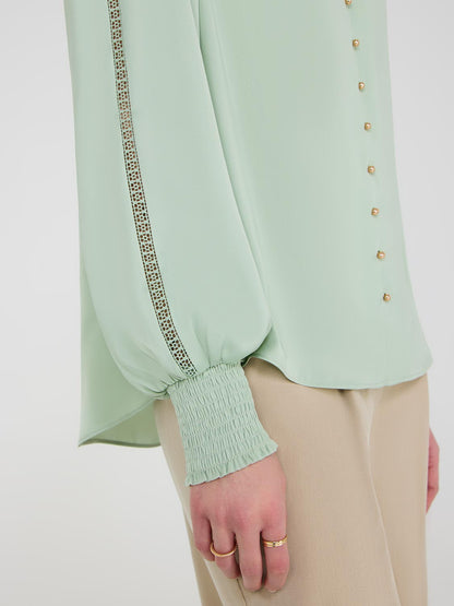 Satin Button-Front Blouse With Crochet Details