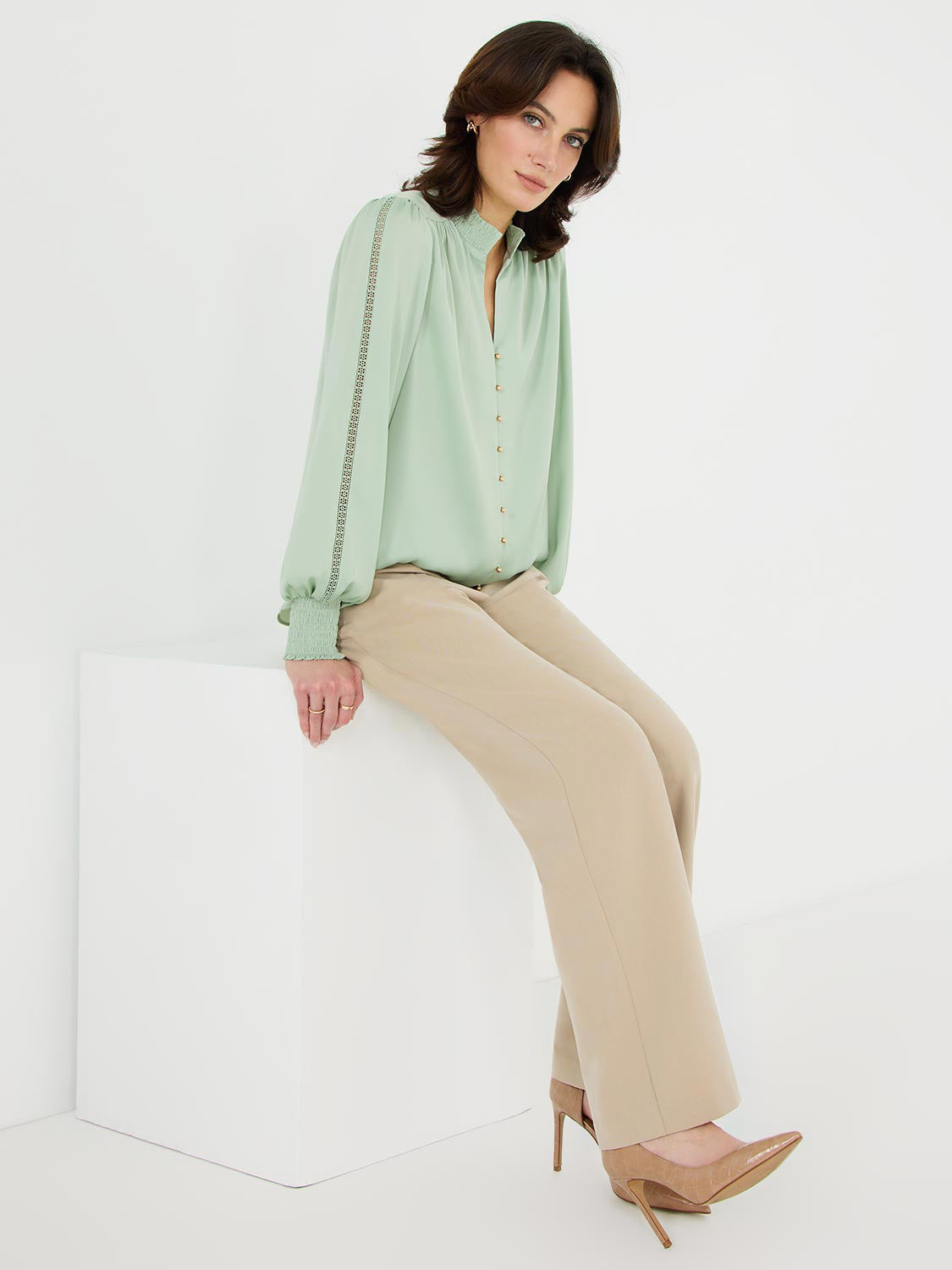 Satin Button-Front Blouse With Crochet Details