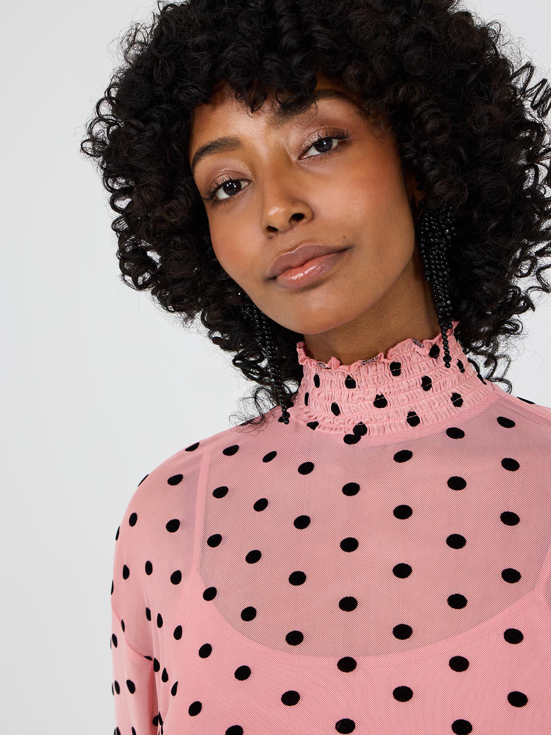 Smocked Mock Neck Mesh Top With Cami