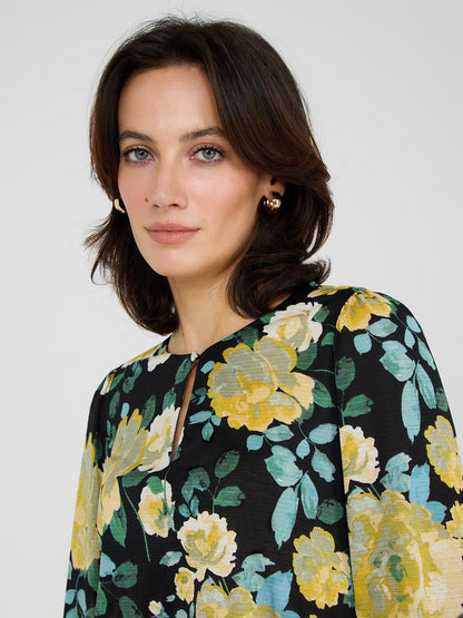 Textured Floral Print Front Keyhole Top