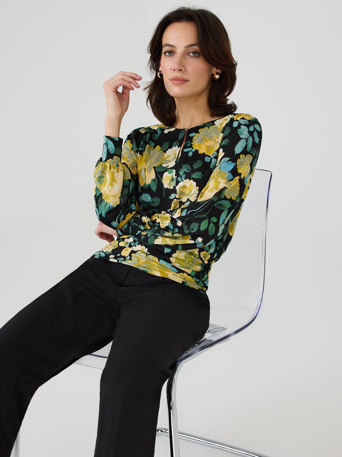 Textured Floral Print Front Keyhole Top