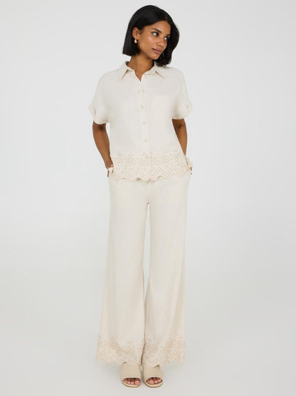 Wide Leg Linen Pant With Embroidered Hem