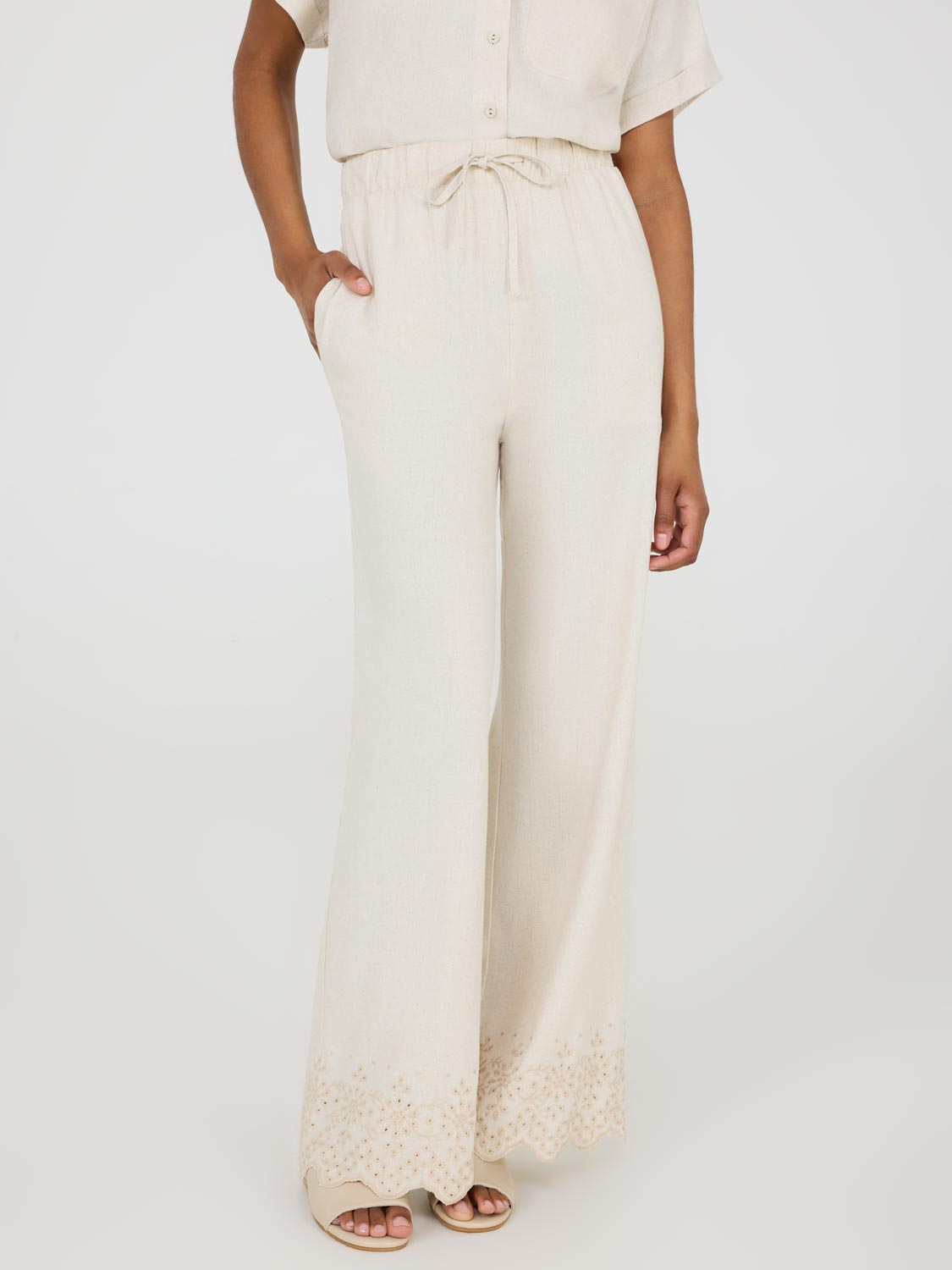 Wide Leg Linen Pant With Embroidered Hem