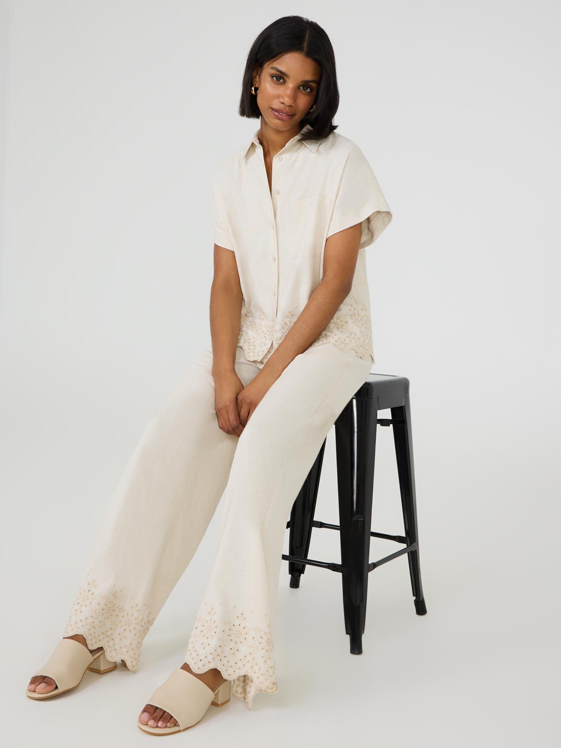 Wide Leg Linen Pant With Embroidered Hem