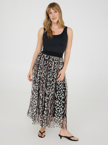Animal Print Pleated Mesh Skirt