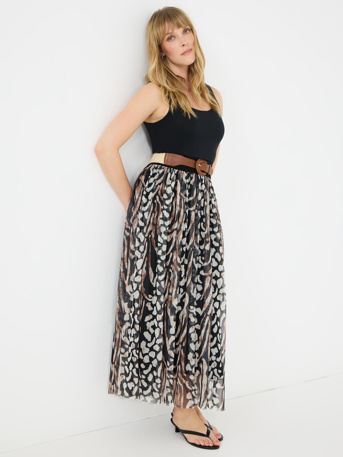 Animal Print Pleated Mesh Skirt