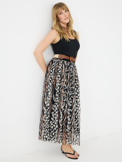 Animal Print Pleated Mesh Skirt