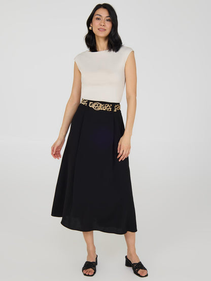 Belted A-Line Midi Skirt