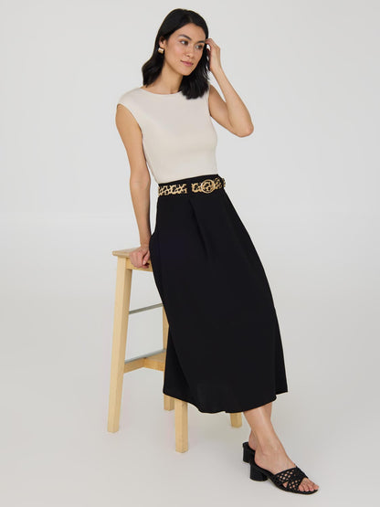 Belted A-Line Midi Skirt