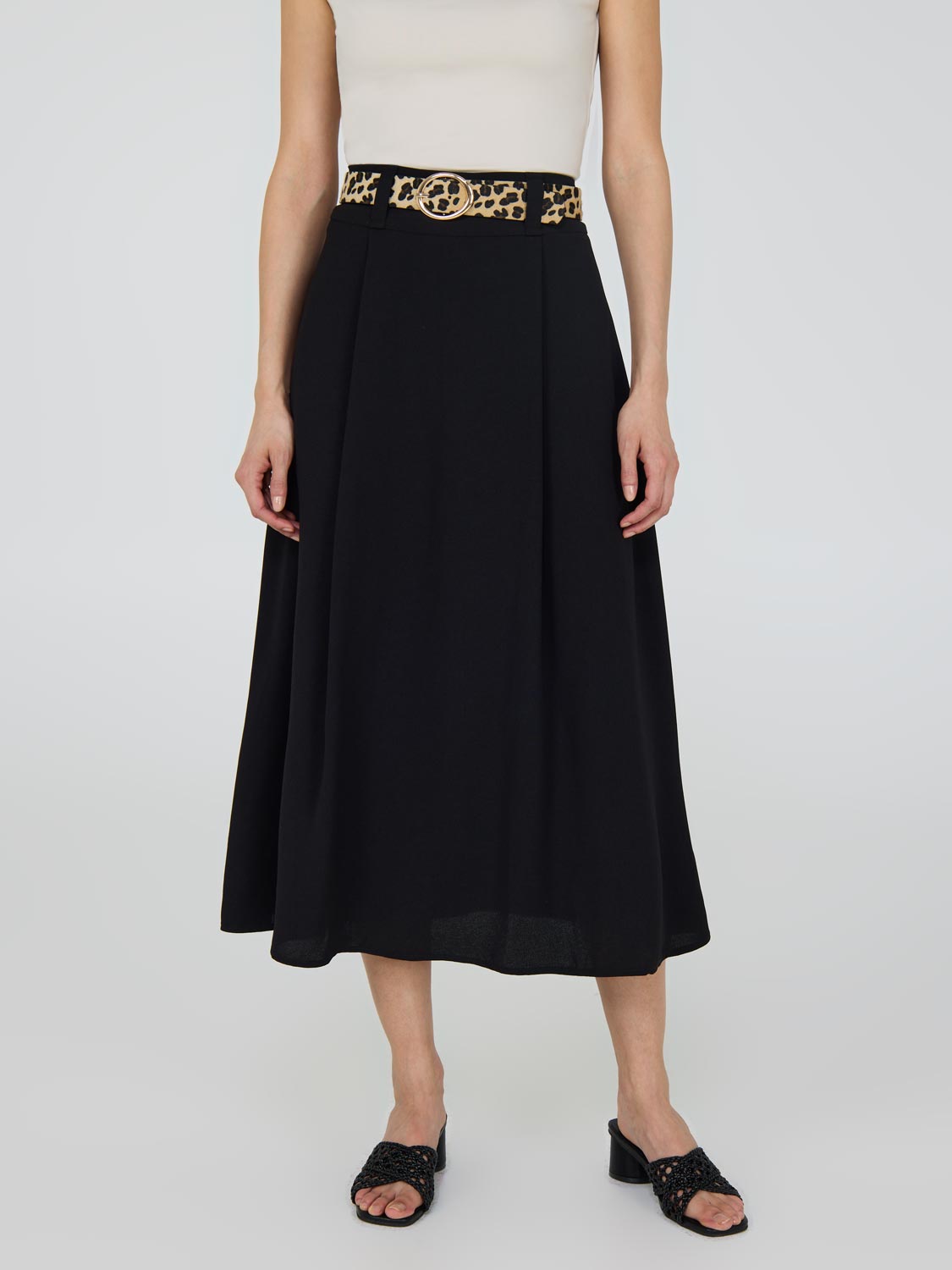 Belted A-Line Midi Skirt