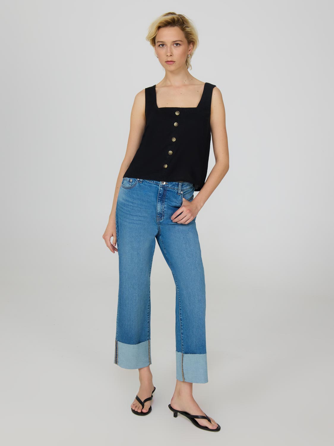 Cropped Straight Leg Cuffed Jeans