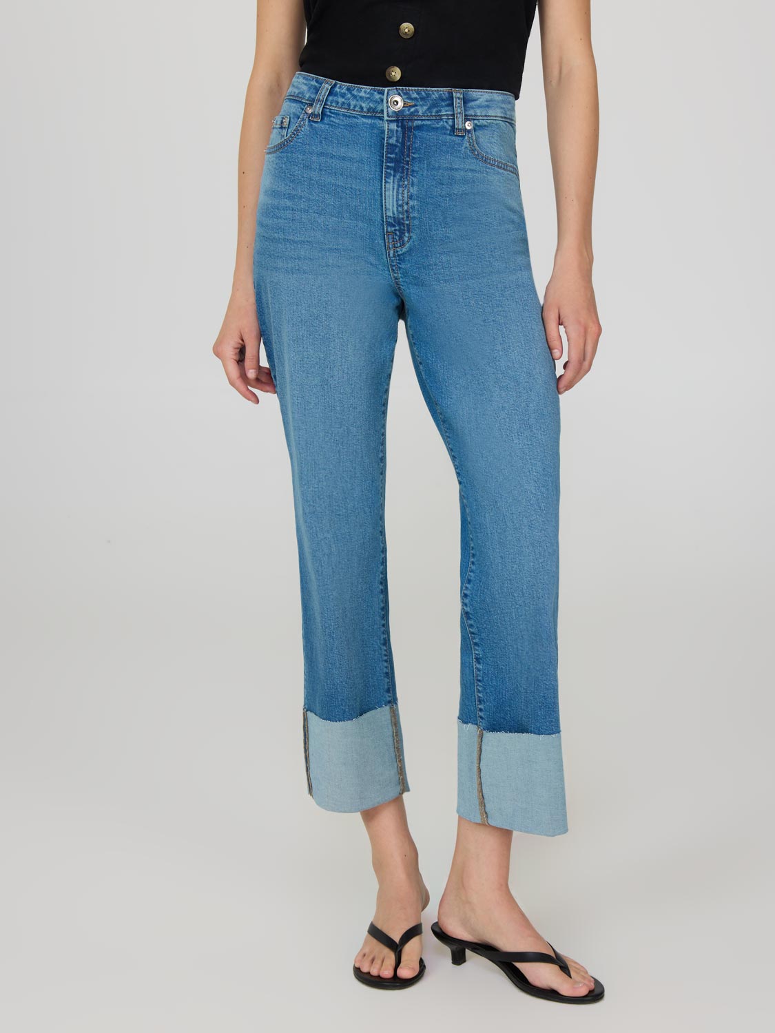 Cropped Straight Leg Cuffed Jeans
