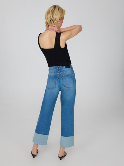 Cropped Straight Leg Cuffed Jeans
