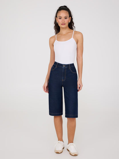 Wide-Leg Denim Bermuda Shorts