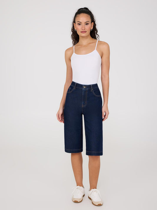 Wide-Leg Denim Bermuda Shorts
