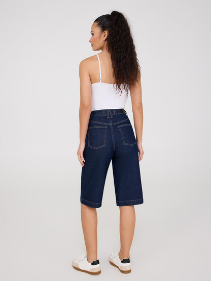 Wide-Leg Denim Bermuda Shorts