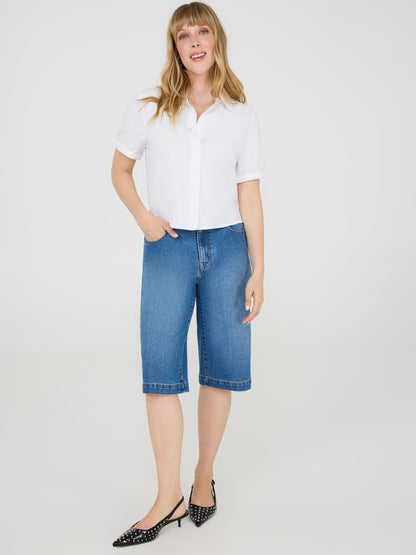 Wide-Leg Denim Bermuda Shorts