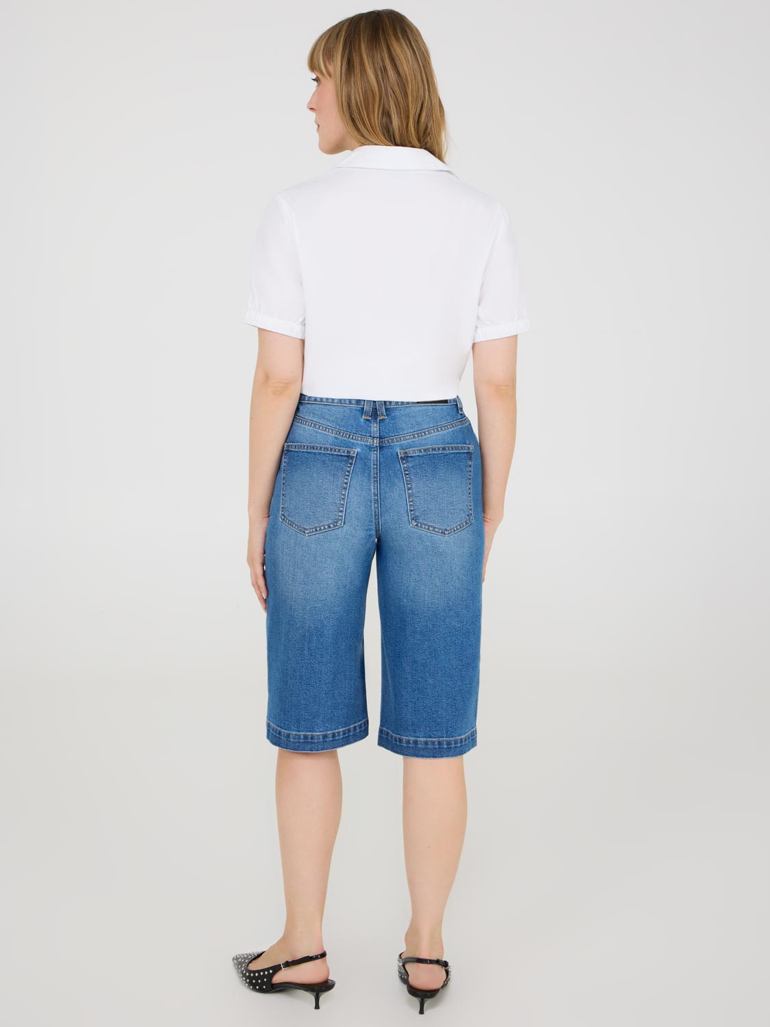 Wide-Leg Denim Bermuda Shorts