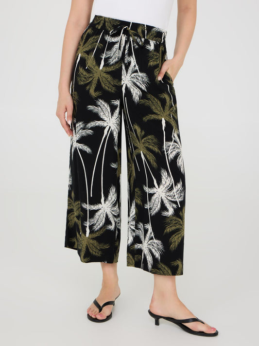 Tropical Print Wide-Leg Gaucho Pants
