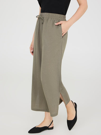 Drawstring Textured Wide-Leg Gaucho Pants
