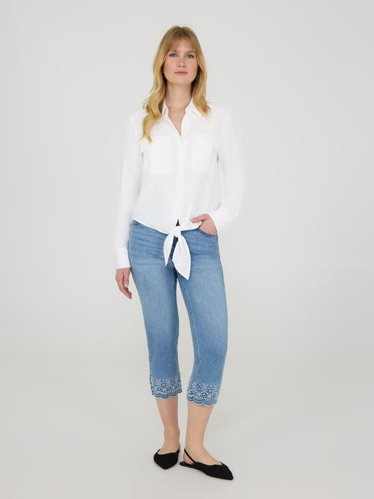 Denim Capri Pants With Embroidered Hem