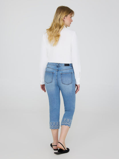 Denim Capri Pants With Embroidered Hem