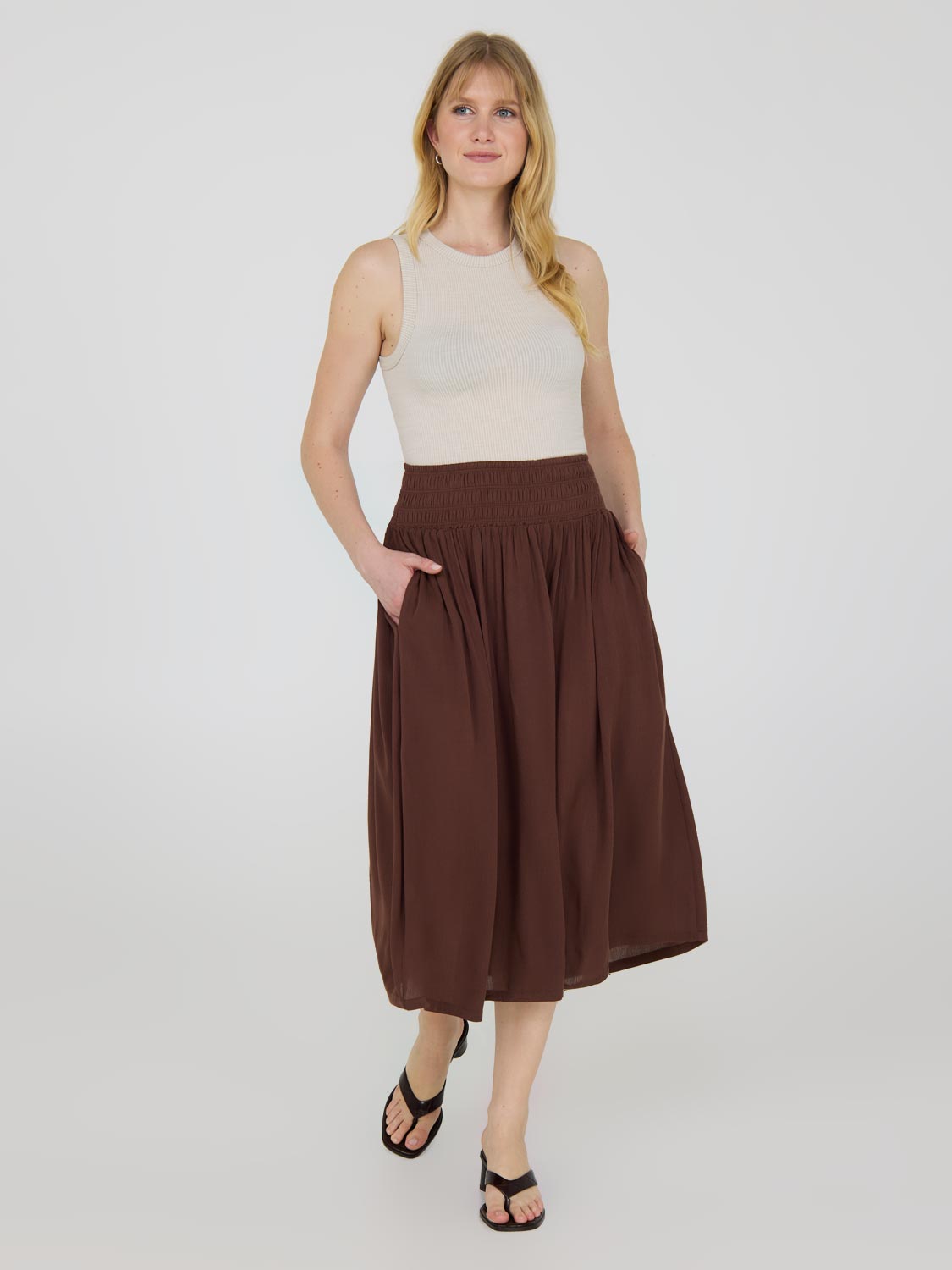 Crinkle Gauze Midi Skirt With Pockets