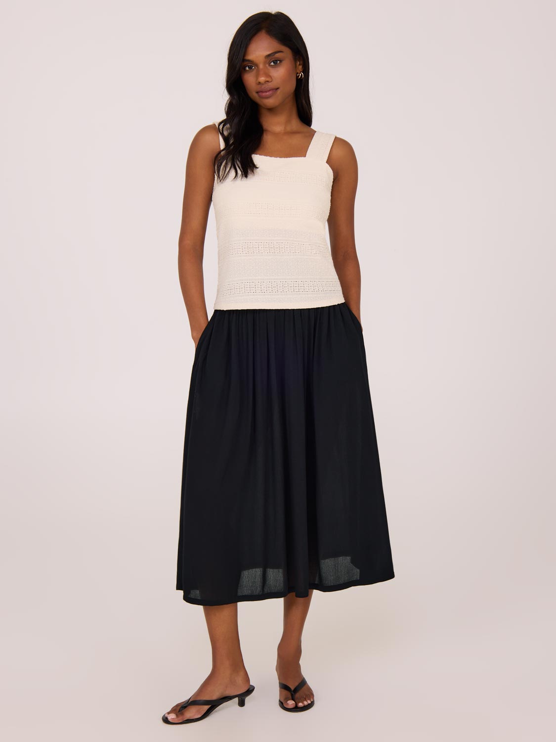 Crinkle Gauze Midi Skirt With Pockets