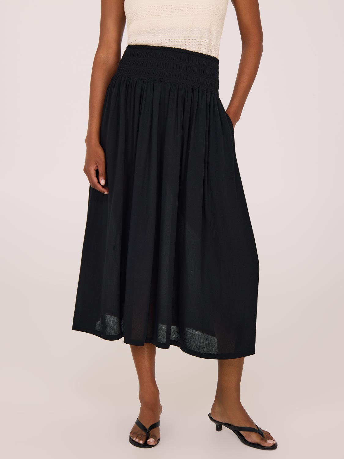 Crinkle Gauze Midi Skirt With Pockets