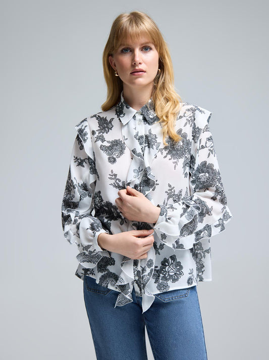 Floral Button-Up Ruffle Blouse