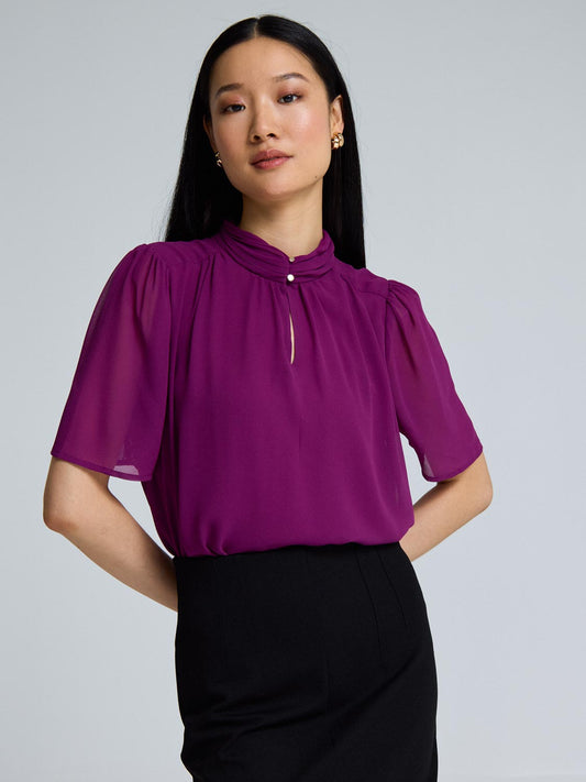 Chiffon Pleated Mock Neck Top