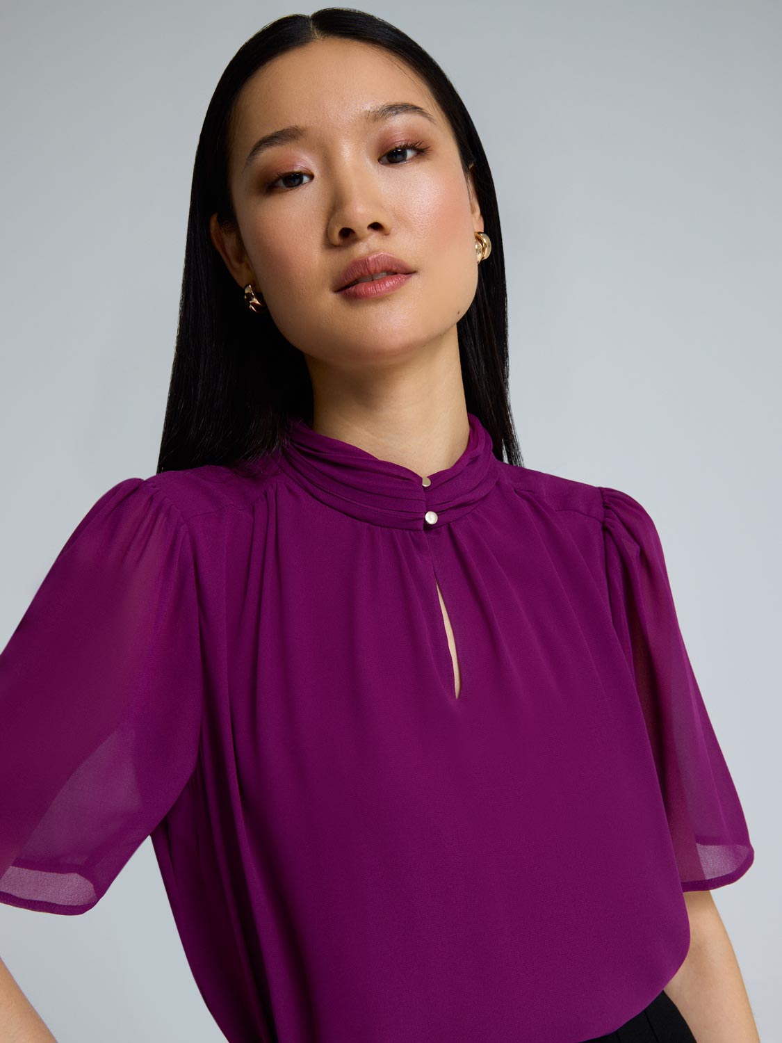 Chiffon Pleated Mock Neck Top