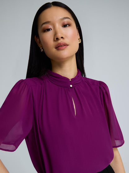 Chiffon Pleated Mock Neck Top