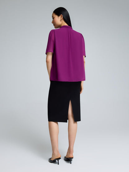Chiffon Pleated Mock Neck Top