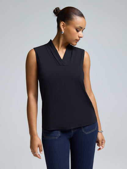 Sleeveless Pleated V-Neck Top