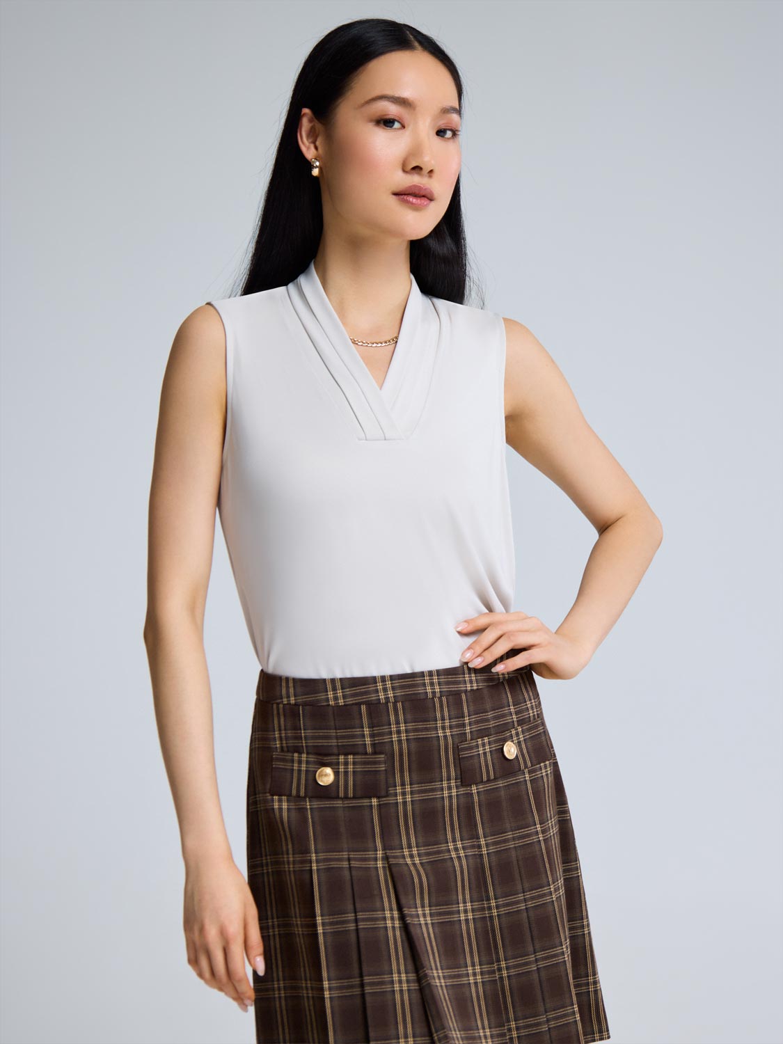 Sleeveless Pleated V-Neck Top