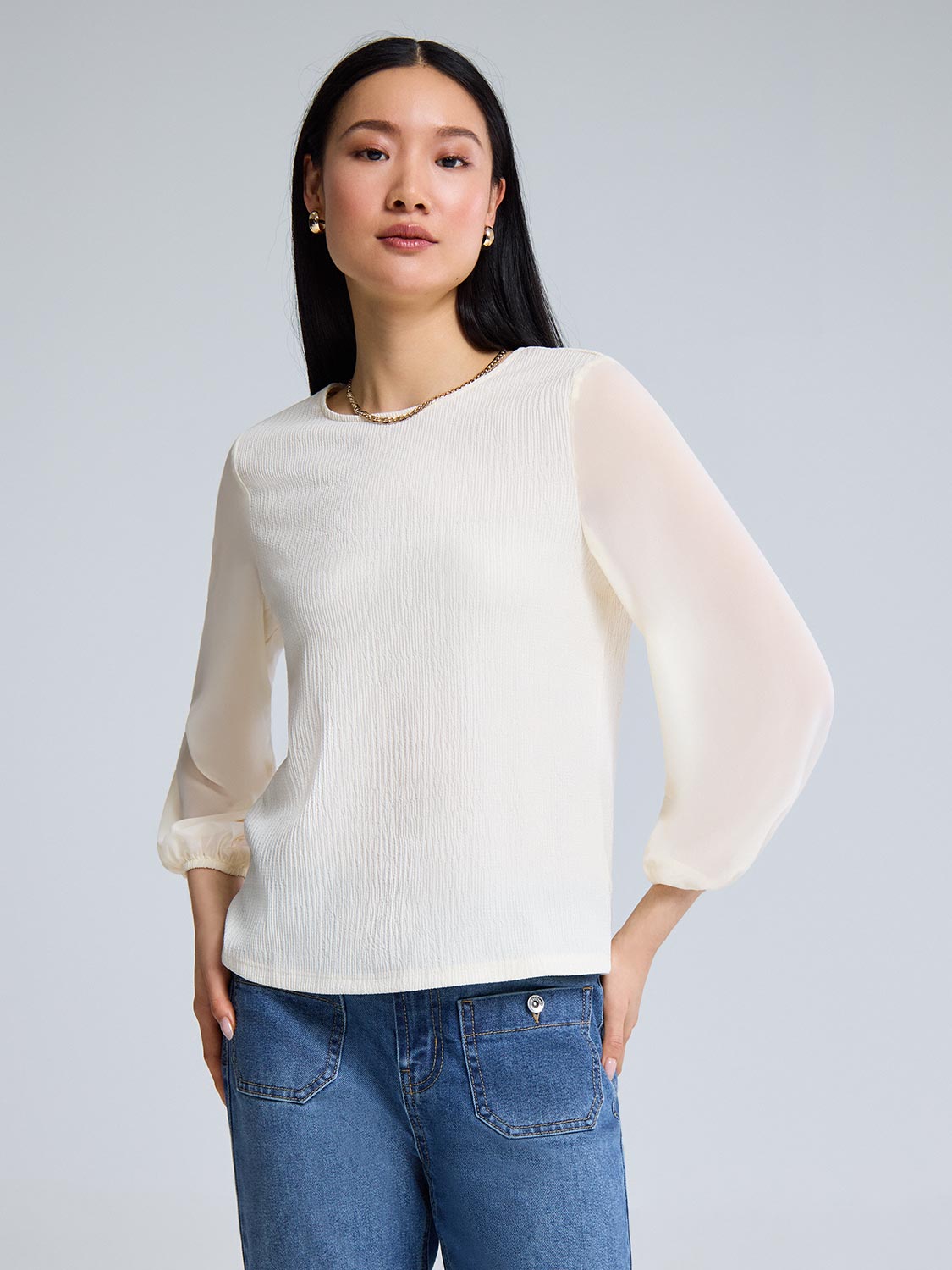 3/4 Balloon Sleeve Crew Neck Top