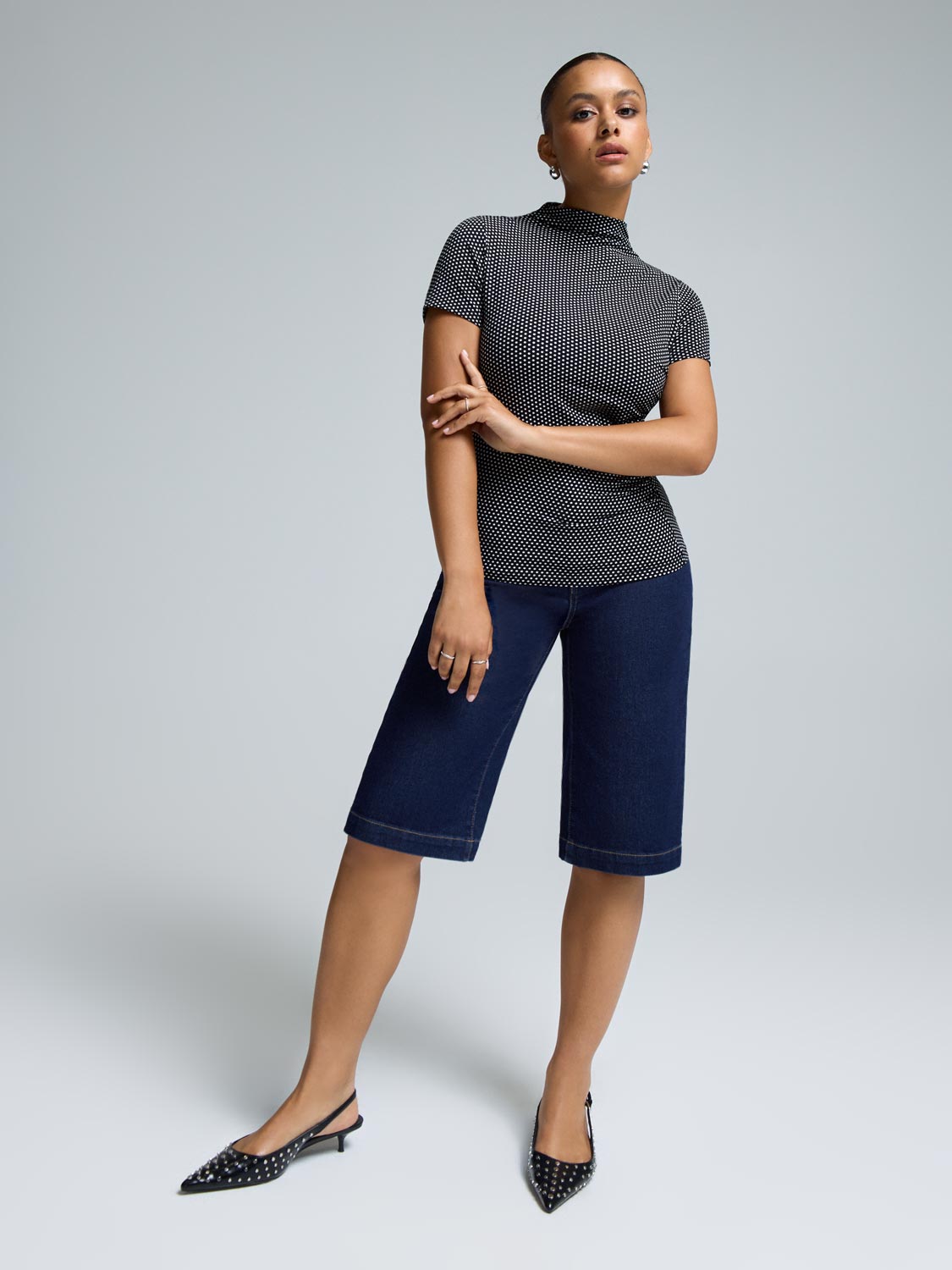 Funnel Neck Polka-Dot Top