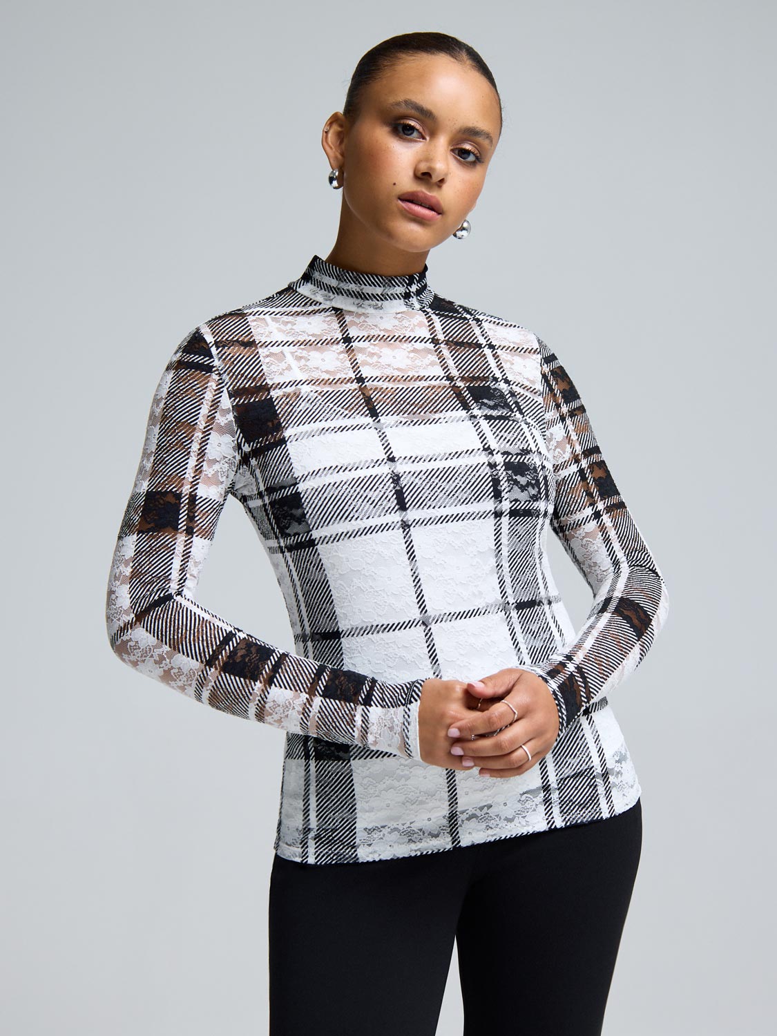 Mock Neck Plaid Shirt With Lace Detail