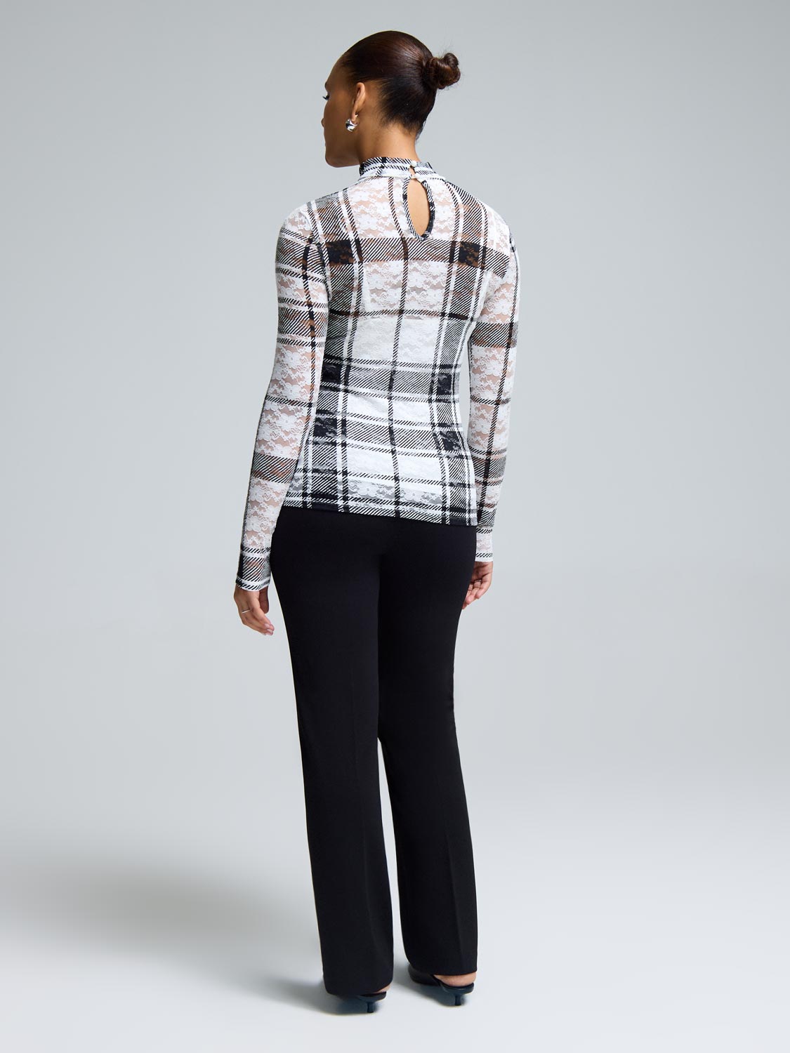 Mock Neck Plaid Shirt With Lace Detail