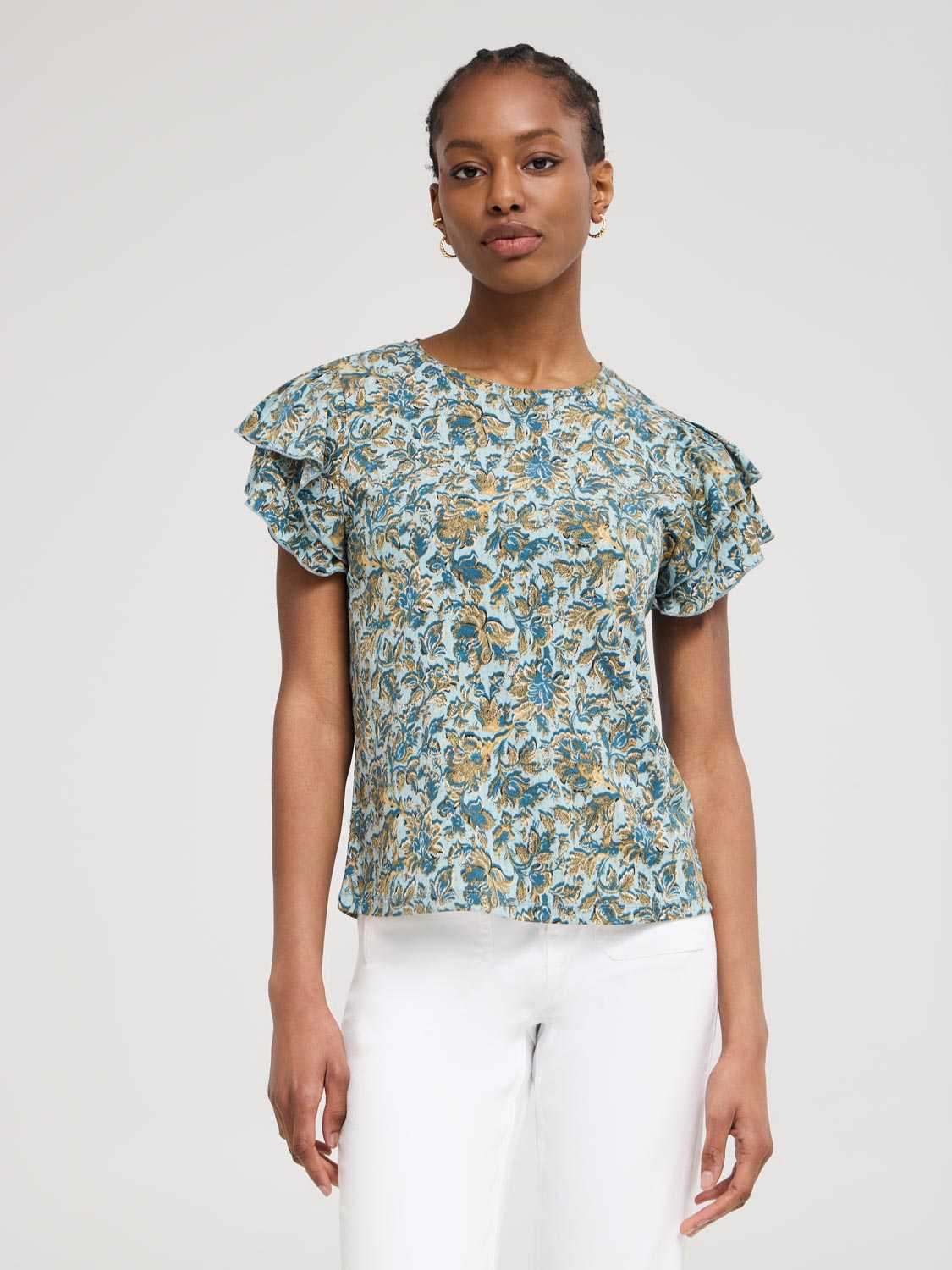 Double Ruffle Sleeve Floral Top